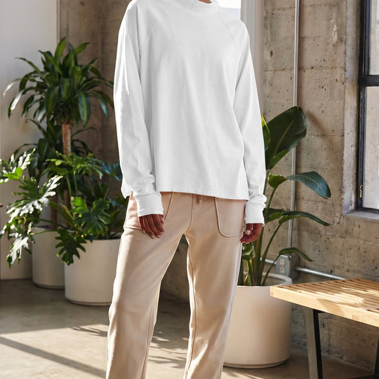 Mock Neck Solid Long Sleeve Tops - Fisoew