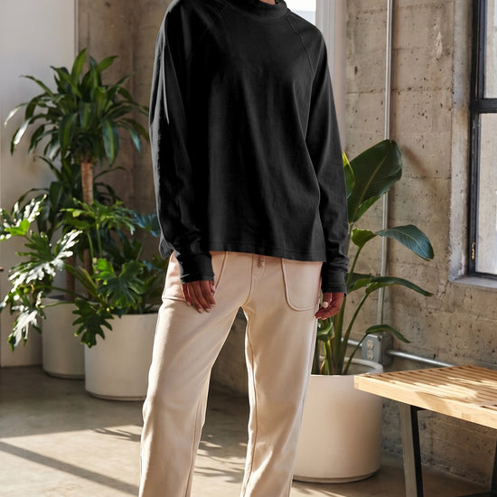 Mock Neck Solid Long Sleeve Tops - Fisoew