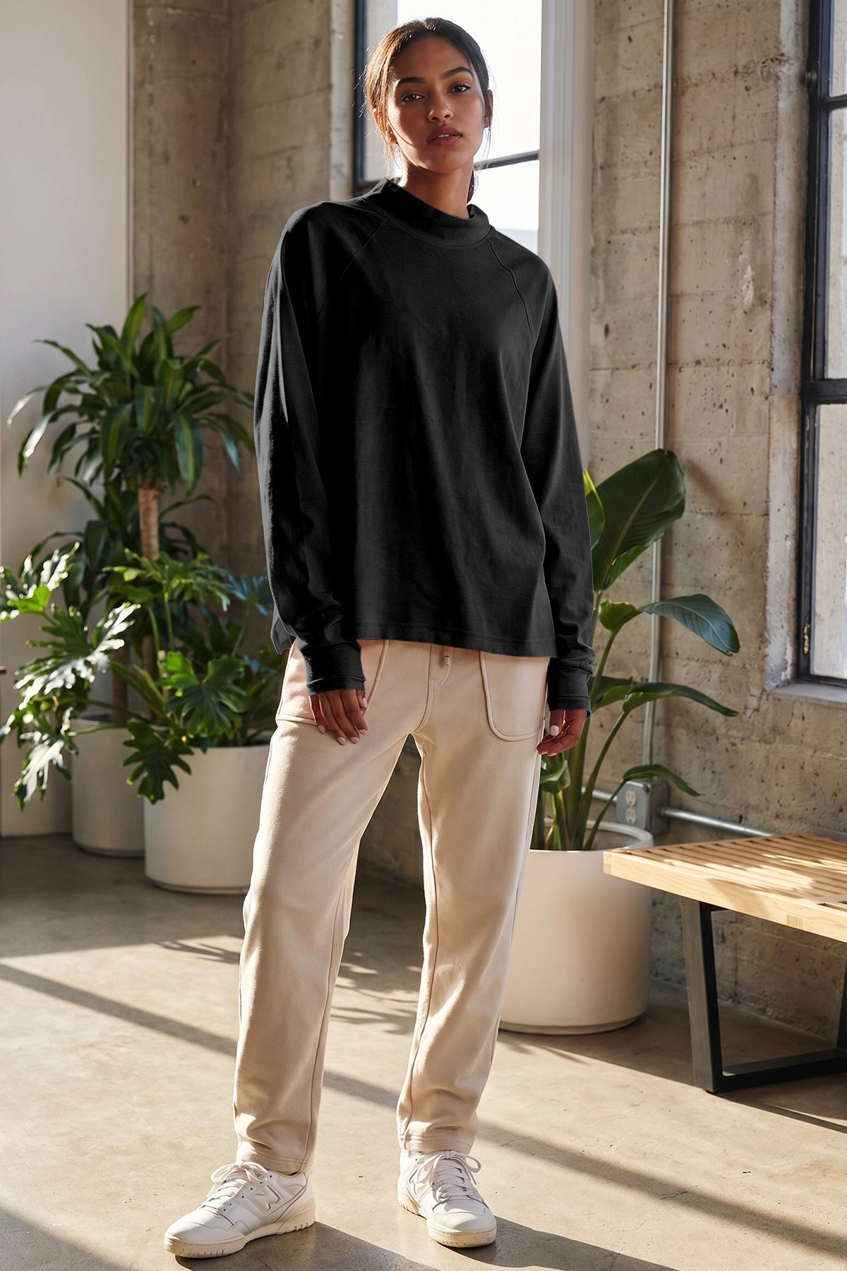 Mock Neck Solid Long Sleeve Tops - Fisoew