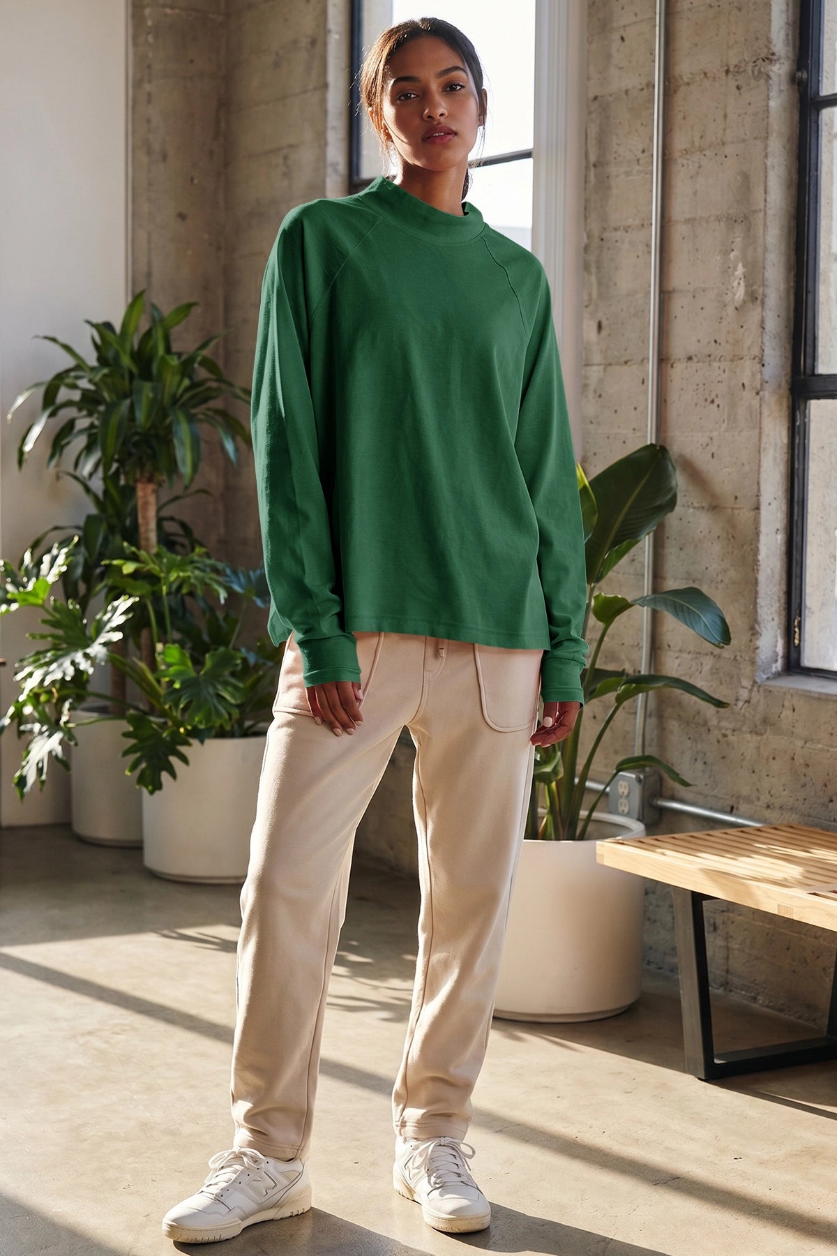 Mock Neck Solid Long Sleeve Tops - Fisoew