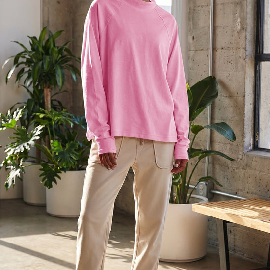 Mock Neck Solid Long Sleeve Tops - Fisoew