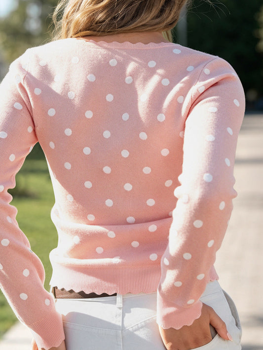 Polka Dot Slim Fit Knit Long Sleeve Tops - Fisoew