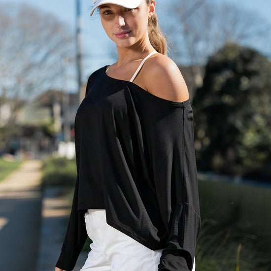 Off Shoulder Solid Long Sleeve T-Shirts - Fisoew