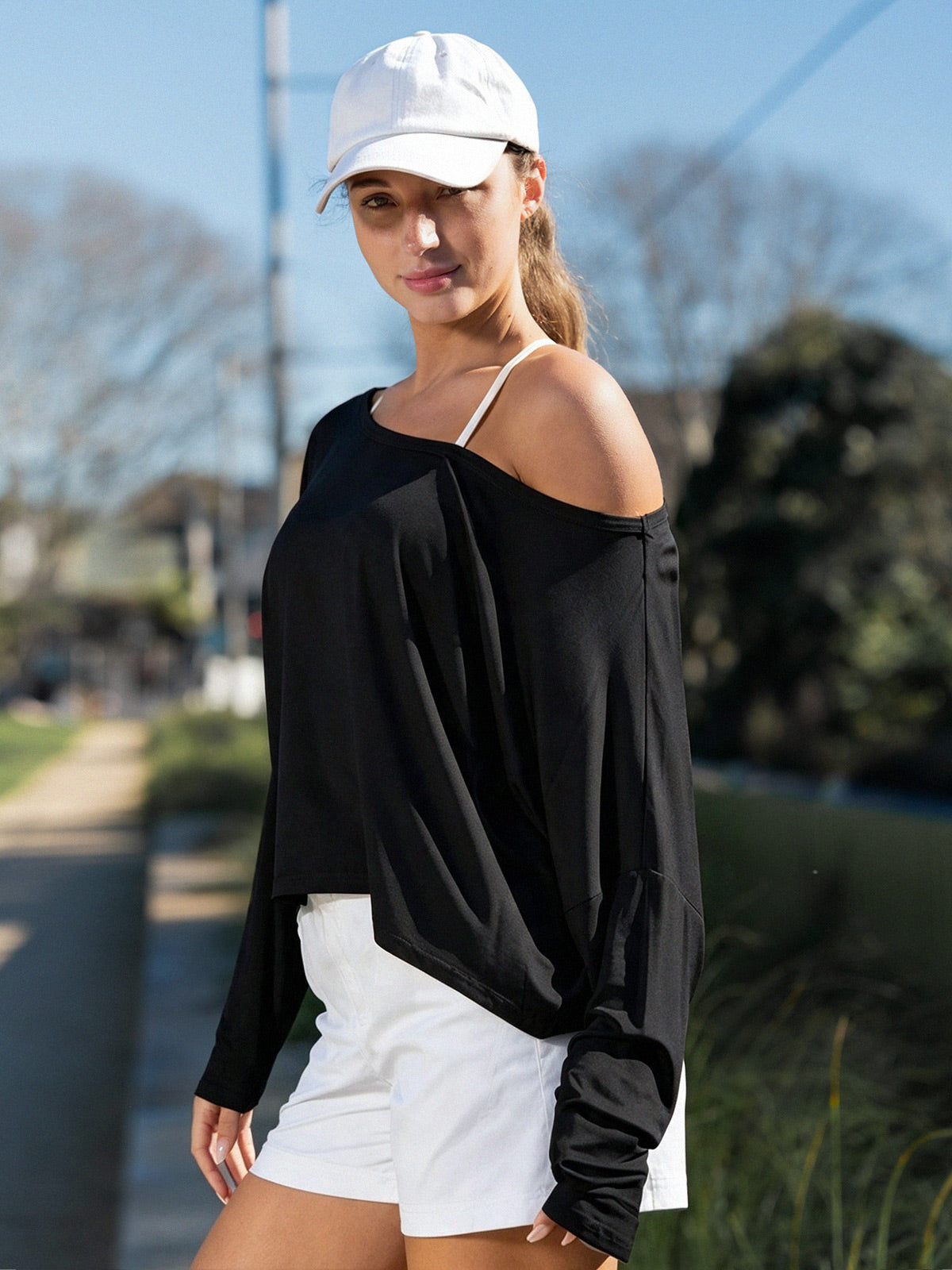 Off Shoulder Solid Long Sleeve T-Shirts - Fisoew