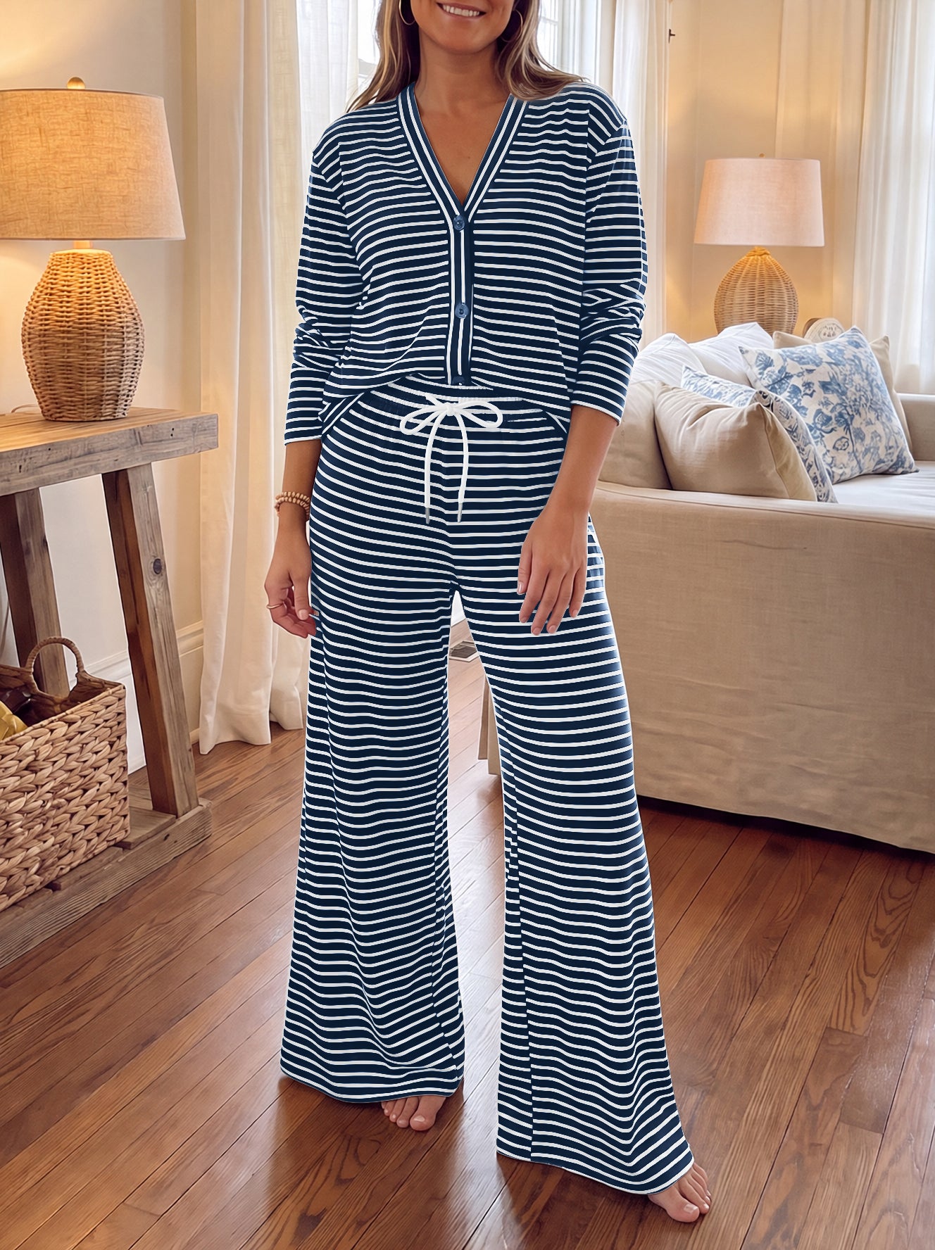 Striped Cardigan With Drawstring Pant Sets - Fisoew