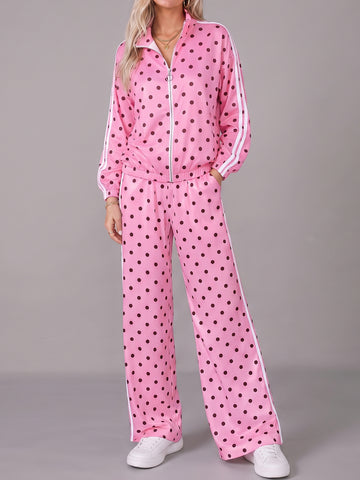 Polka Dot Zip Up Sweatshirt With Wide Leg Pants Sets