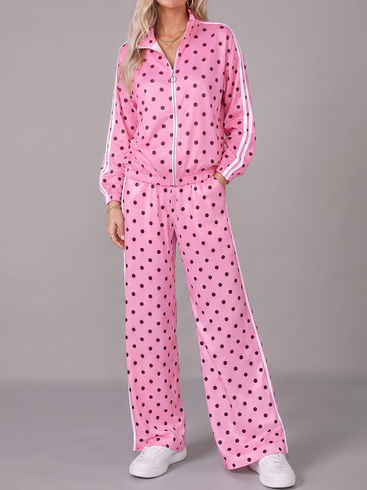 Polka Dot Zip Up Sweatshirt With Wide Leg Pants Sets