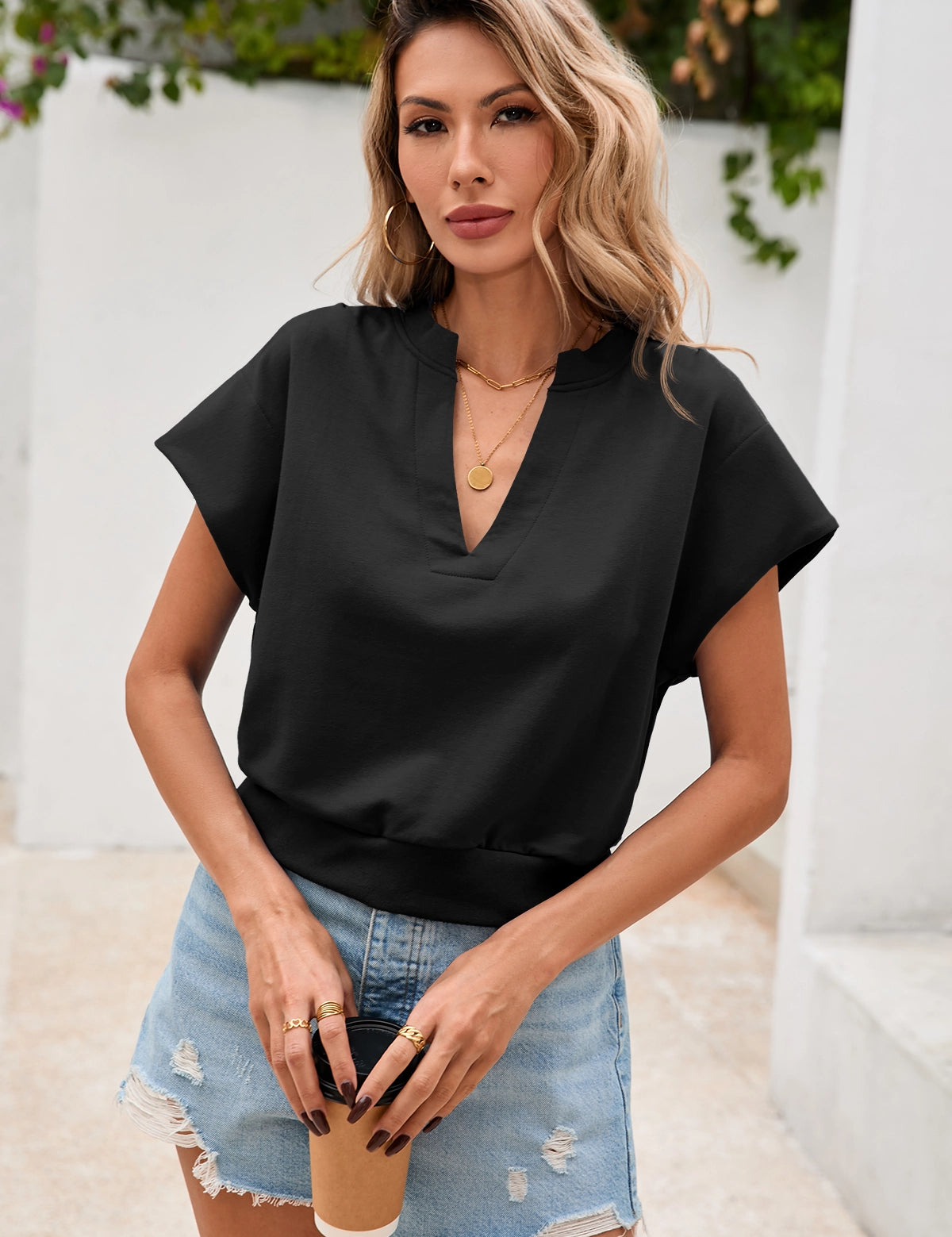 Fisoew Women's Black V Neck Cap Sleeve Casual Loose Fit T Shirts - Fisoew