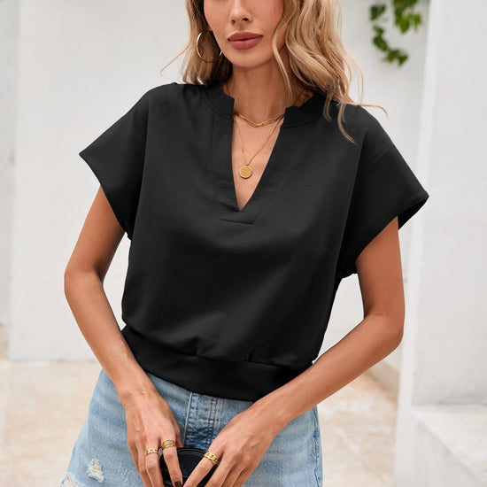 Fisoew Women's Black V Neck Cap Sleeve Casual Loose Fit T Shirts - Fisoew