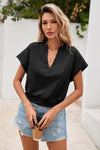 Fisoew Women's Black V Neck Cap Sleeve Casual Loose Fit T Shirts - Fisoew