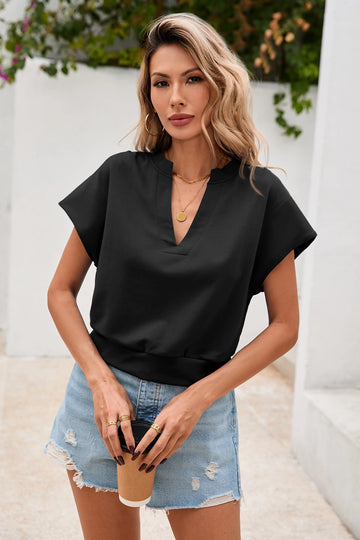 Fisoew Women's Black V Neck Cap Sleeve Casual Loose Fit T Shirts - Fisoew