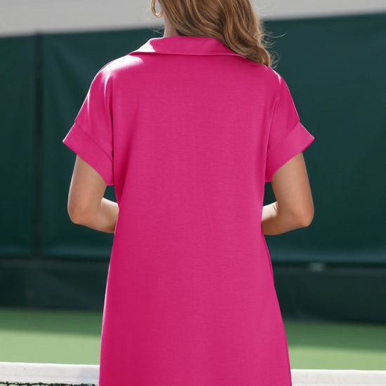 Womens Rose Red Collared V Neck Dresses Fisoew - Fisoew