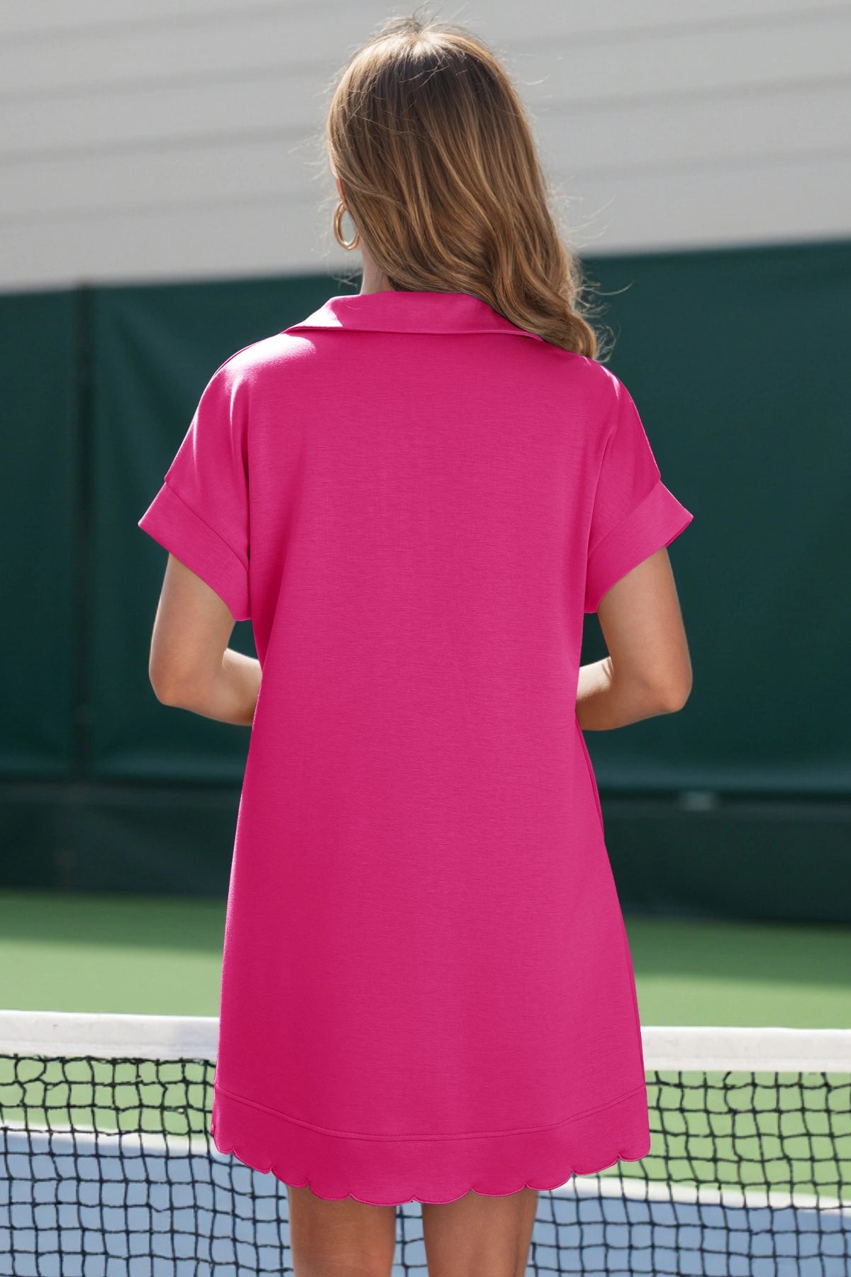 Womens Rose Red Collared V Neck Dresses Fisoew - Fisoew