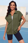 Fisoew Women's Army Green Zip Up Sleeveless Sweatshirts - Fisoew