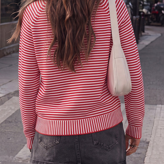 Striped Half-Zip Knit Crop Pullovers - Fisoew