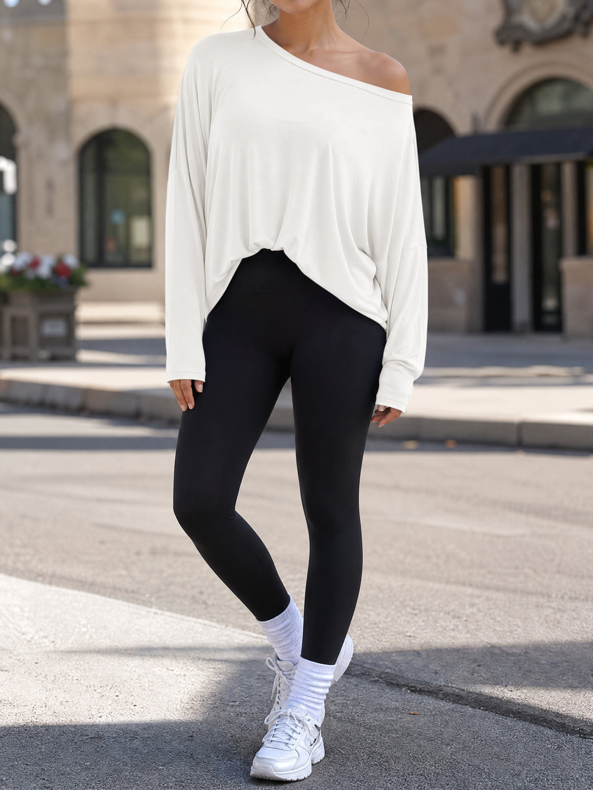 Off Shoulder Solid Long Sleeve T-Shirts - Fisoew
