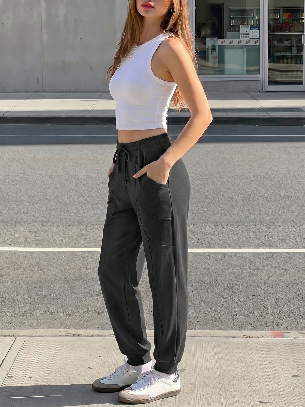 Drawstring Waist Elastic Cuff Joggers - Fisoew