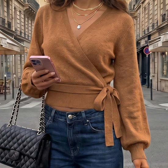 V Neck Tie Belted Crop Knit Sweaters - Fisoew