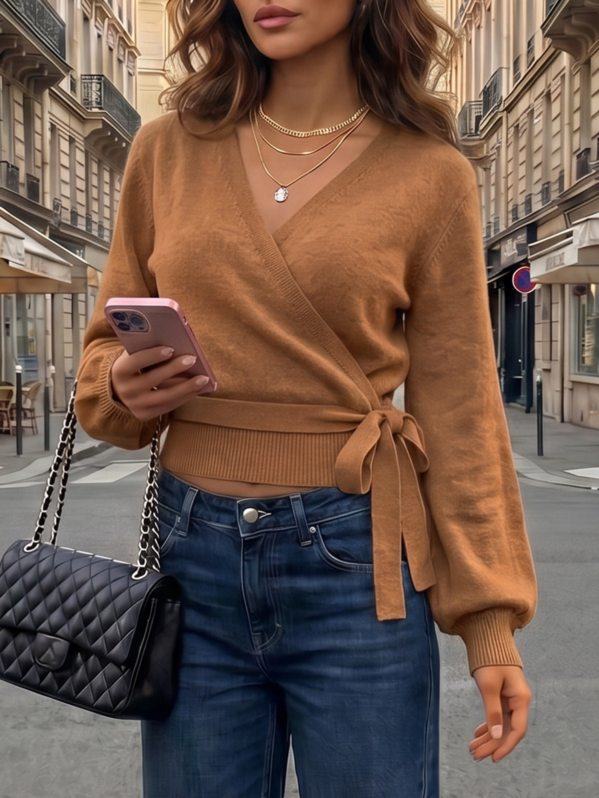 V Neck Tie Belted Crop Knit Sweaters - Fisoew