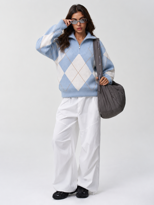 Quarter Zip Fall Argyle Knit Pullovers