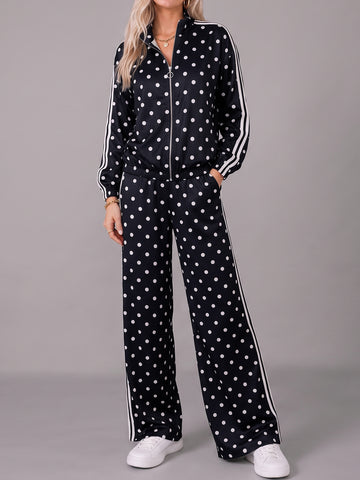 Polka Dot Zip Up Sweatshirt With Wide Leg Pants Sets