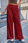 Fisoew Women's Burgundy Baggy Elastic Wide Leg Pants - Fisoew