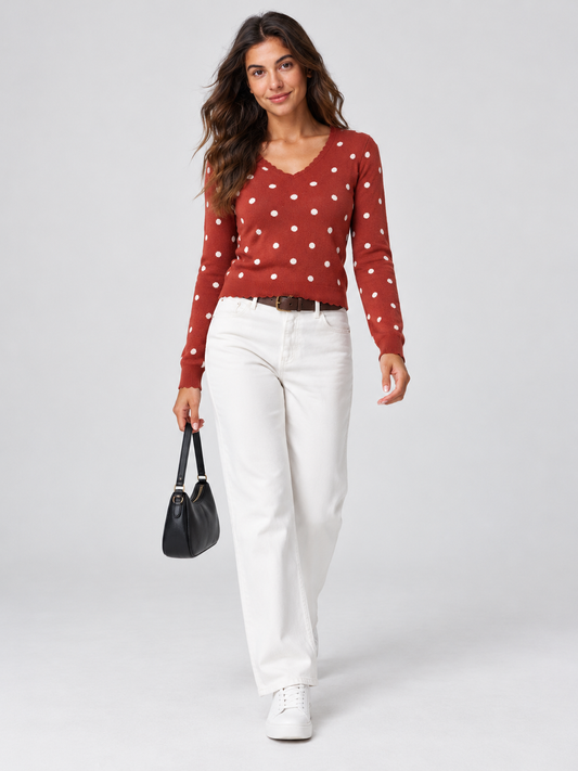 Polka Dot Slim Fit Knit Long Sleeve Tops