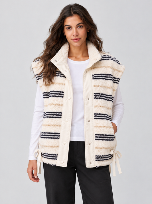 Fuzzy Fleece Striped Sleeveless Sherpa Vests