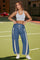 Women's Blue Drawstring Elastic Contrast Color Pants Fisoew - Fisoew