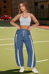 Women's Blue Drawstring Elastic Contrast Color Pants Fisoew