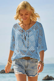 Womens Blue Summer Short Sleeve Crochet Swimsuit Fisoew - Fisoew