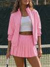 Stripe Zipper Jacket With Pleated Skirt Sets - Fisoew