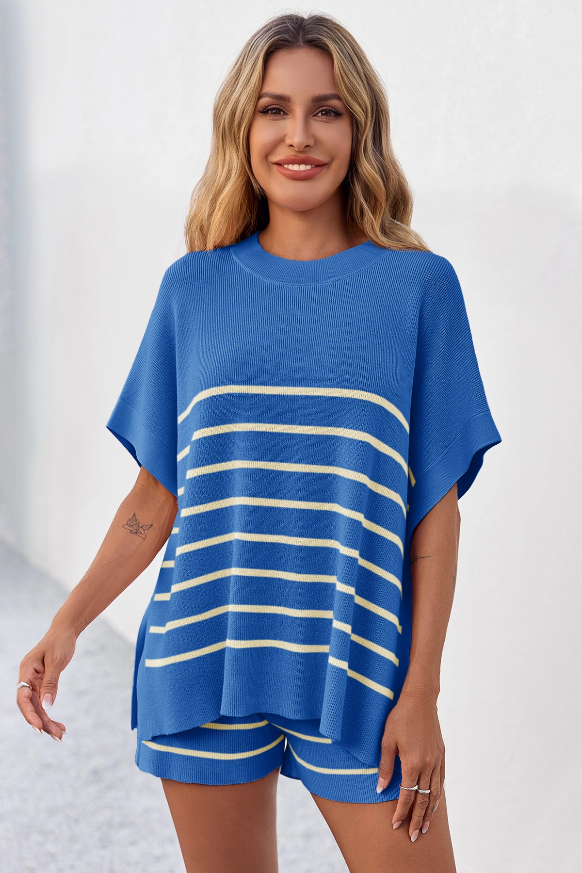 Fisoew Women's Blue Striped Oversized Lounge Short Sets - Fisoew