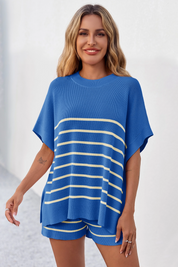 Fisoew Women's Blue Striped Oversized Lounge Short Sets - Fisoew