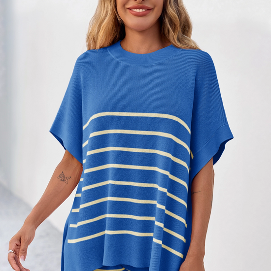 Fisoew Women's Blue Striped Oversized Lounge Short Sets - Fisoew