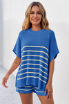 Fisoew Women's Blue Striped Oversized Lounge Short Sets - Fisoew