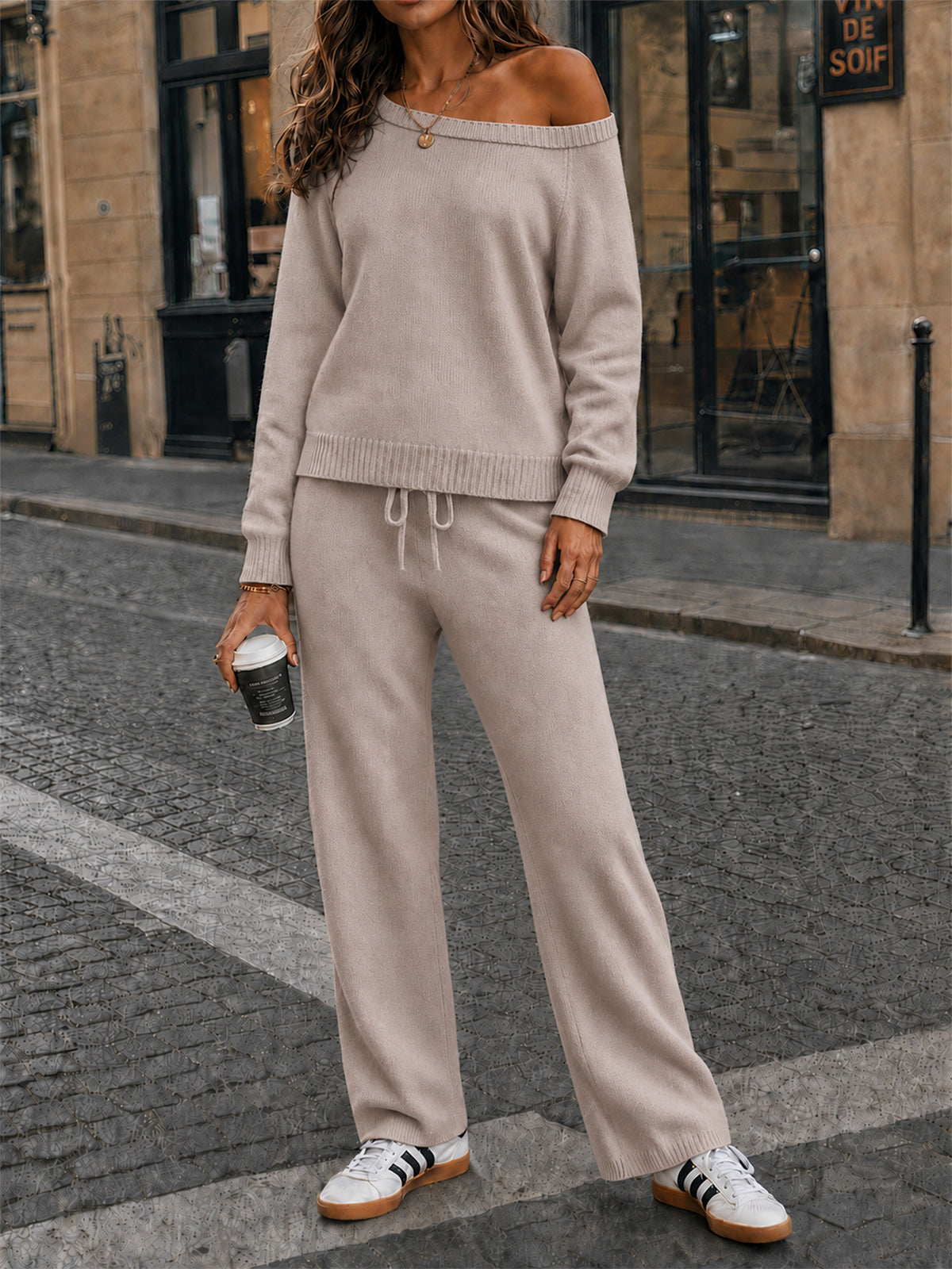 Off-Shoulder Sweaters With Drawstring Pants Set - Fisoew