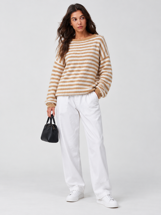 Off Shoulder Striped Knit Pullover