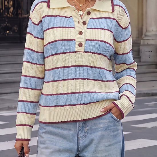 Colorblock Striped Half Button Pullovers - Fisoew