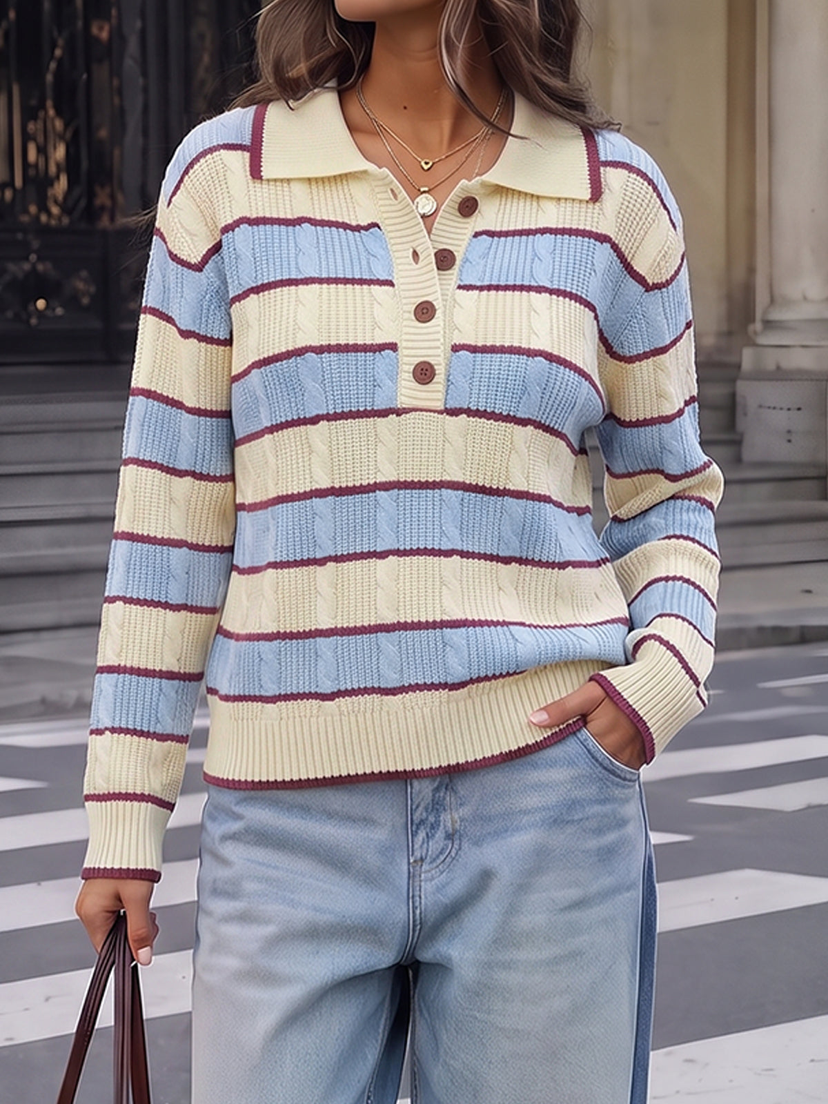 Colorblock Striped Half Button Pullovers - Fisoew