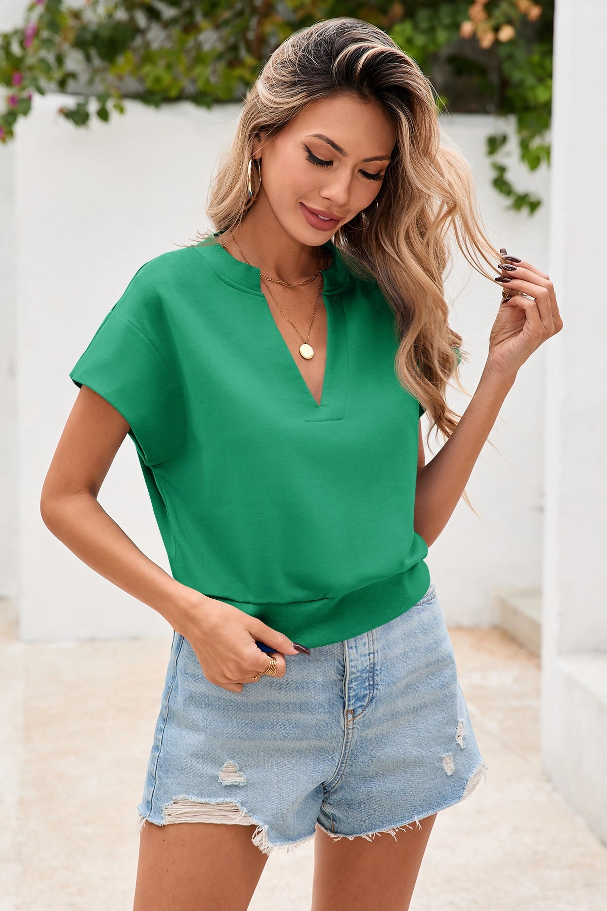 Fisoew Women's Green V Neck Cap Sleeve Casual Loose Fit T Shirts - Fisoew