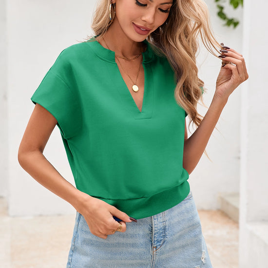 Fisoew Women's Green V Neck Cap Sleeve Casual Loose Fit T Shirts - Fisoew
