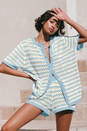 Fisoew Women's Blue Crochet Striped Knit Swimsuit 2-Piece Set