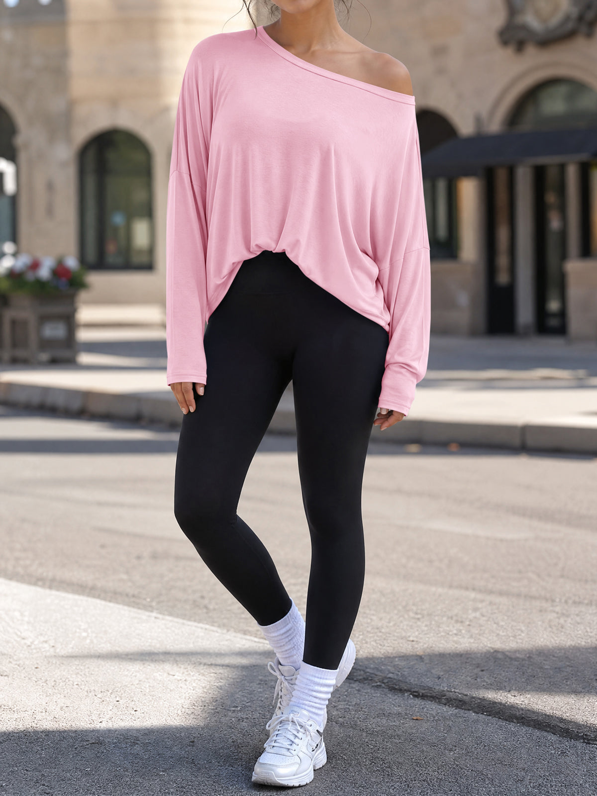 Off Shoulder Solid Long Sleeve T-Shirts - Fisoew