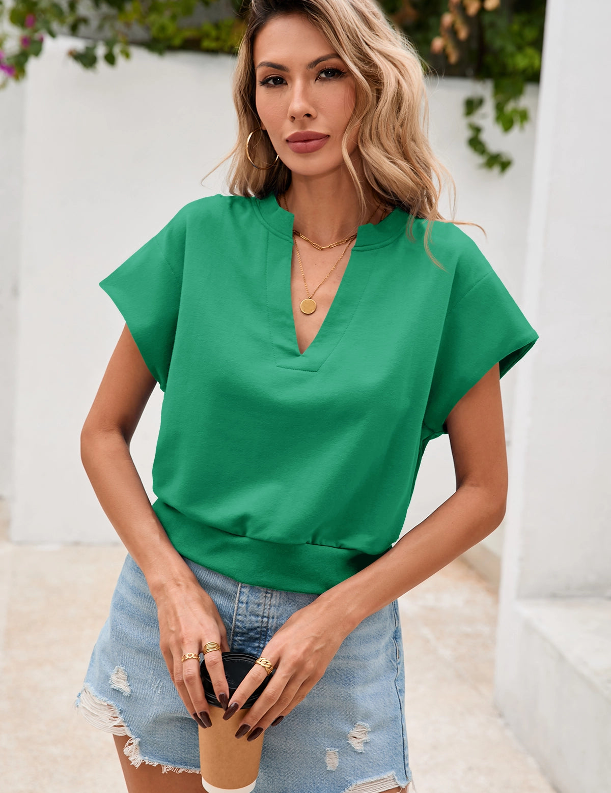 Fisoew Women's Green V Neck Cap Sleeve Casual Loose Fit T Shirts - Fisoew
