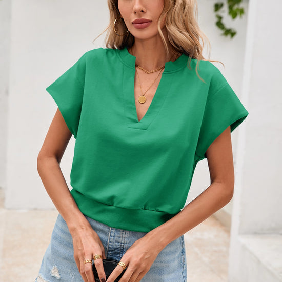 Fisoew Women's Green V Neck Cap Sleeve Casual Loose Fit T Shirts - Fisoew
