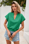 Fisoew Women's Green V Neck Cap Sleeve Casual Loose Fit T Shirts - Fisoew