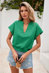Fisoew Women's Green V Neck Cap Sleeve Casual Loose Fit T Shirts
