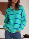 Zip Striped Oversized Turtleneck Pullover Top