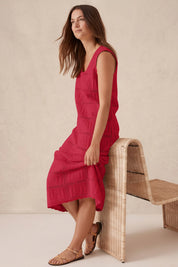 Fisoew Women's Red Boho Knit Sleeveless Dress - Fisoew